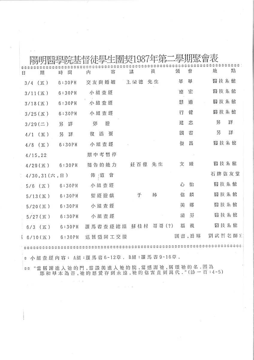 陽明醫學院基督徒學生團契1987年第二學期聚會表